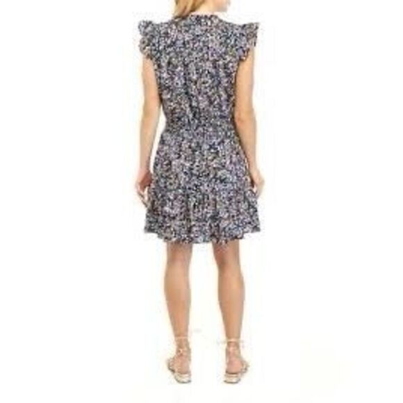 Crown & Ivy Women's XXL Ruffled Sleave Tiered Mini Dress Navy Microfloral Spring - Picture 2 of 14
